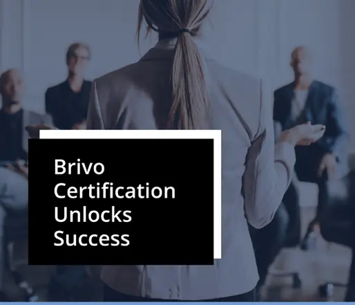 Presenter with a ponytail speaks to a small audience in a conference room; overlay reads 'Brivo Certification Unlocks Success'.