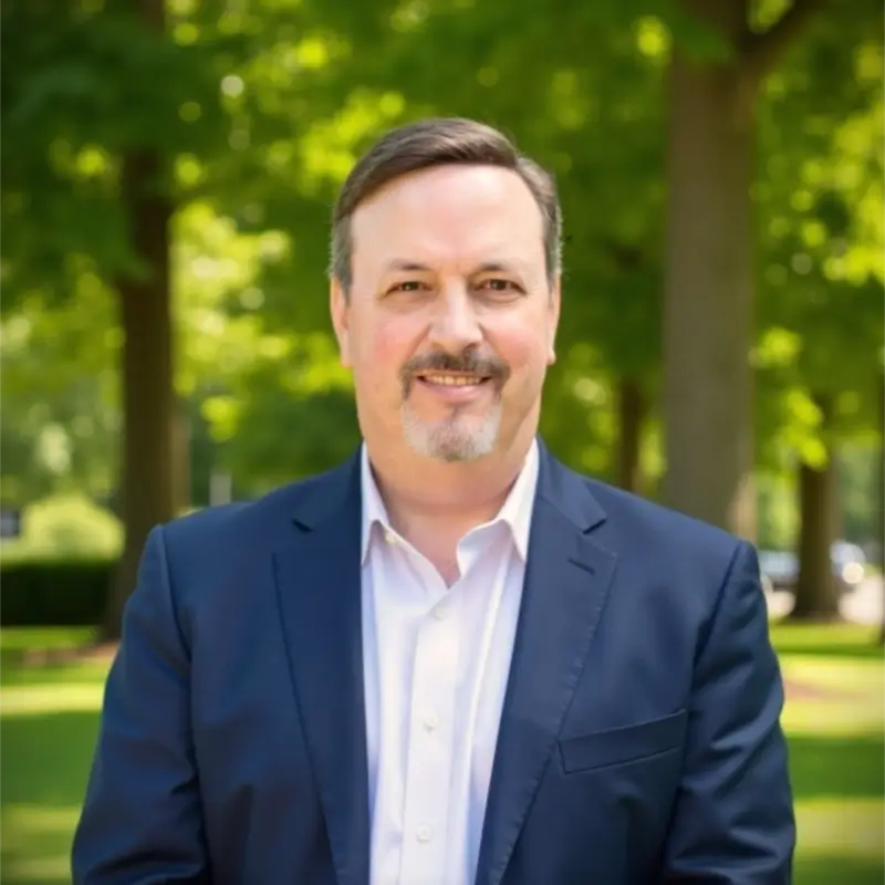 Simply Better Security Smiling middle-aged man in a navy blazer and white shirt standing in a sunny, tree-filled park.