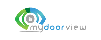 Logo for MyDoorView: circular green-to-blue emblem with a grey padlock in the center, and the word mydoorview in blue/gray letters.